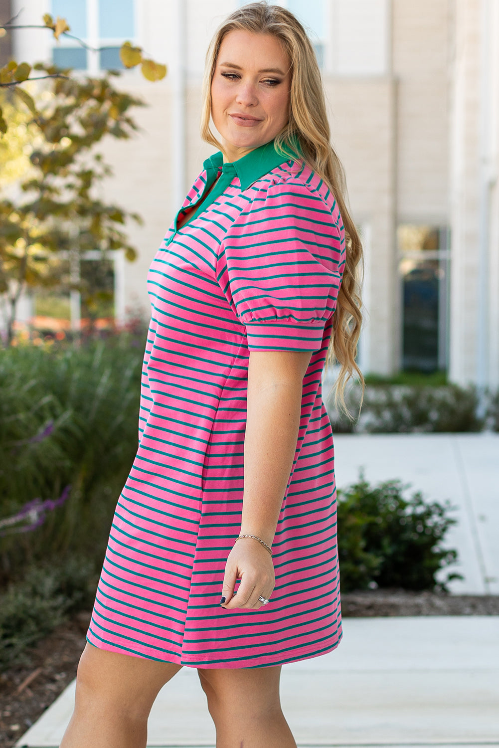 Rose Stripe Collared V Neck Puff Sleeve T Shirt Dress w/ Pockets