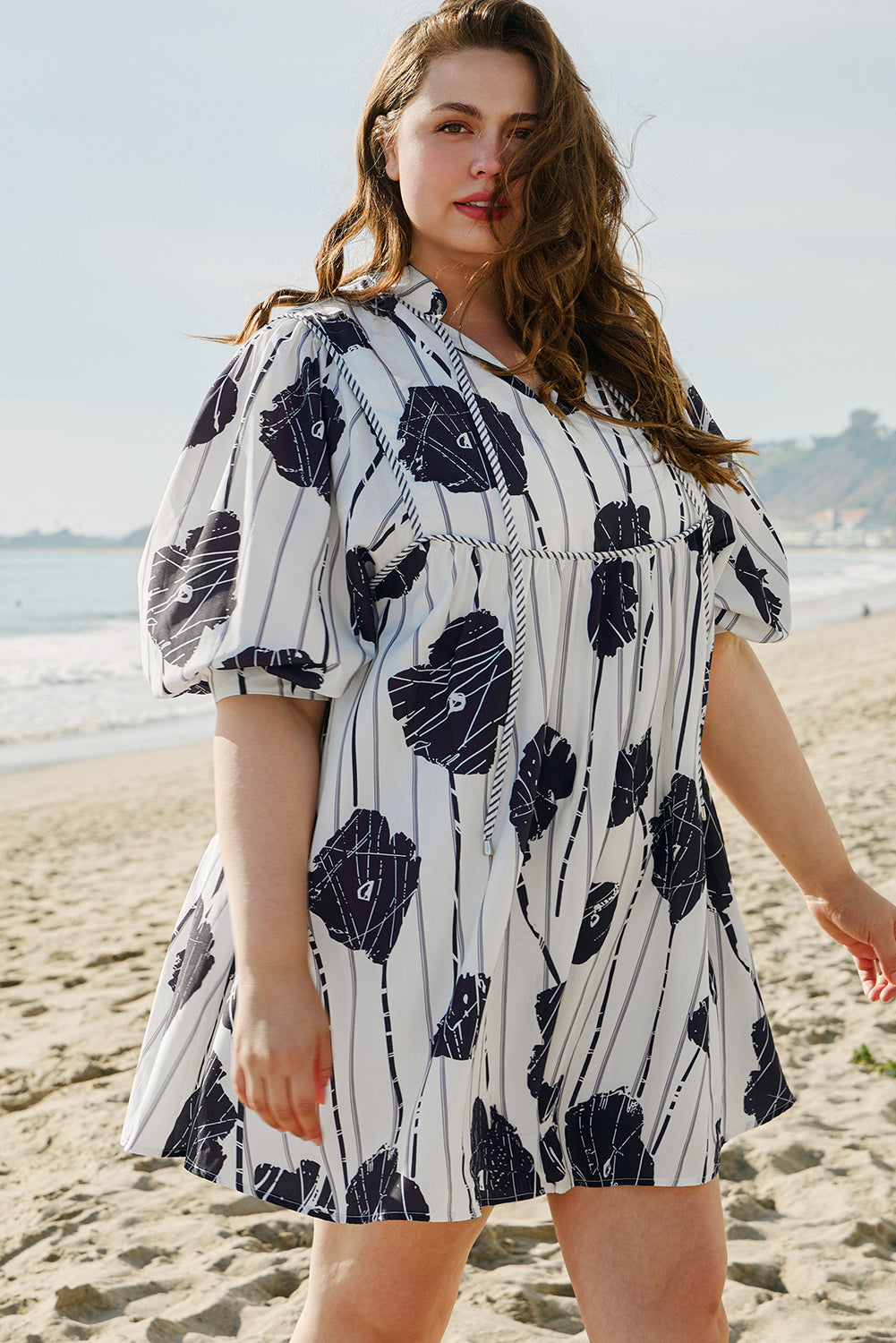 Floral 3/4 Puff Sleeve Lace-up Neck Mini Dress