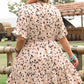 Beige Printed Surplice V Neck Cuffed Sleeve Empire Waist Dress