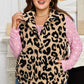 Khaki Leopard Sherpa Button Front Collared Vest Jacket