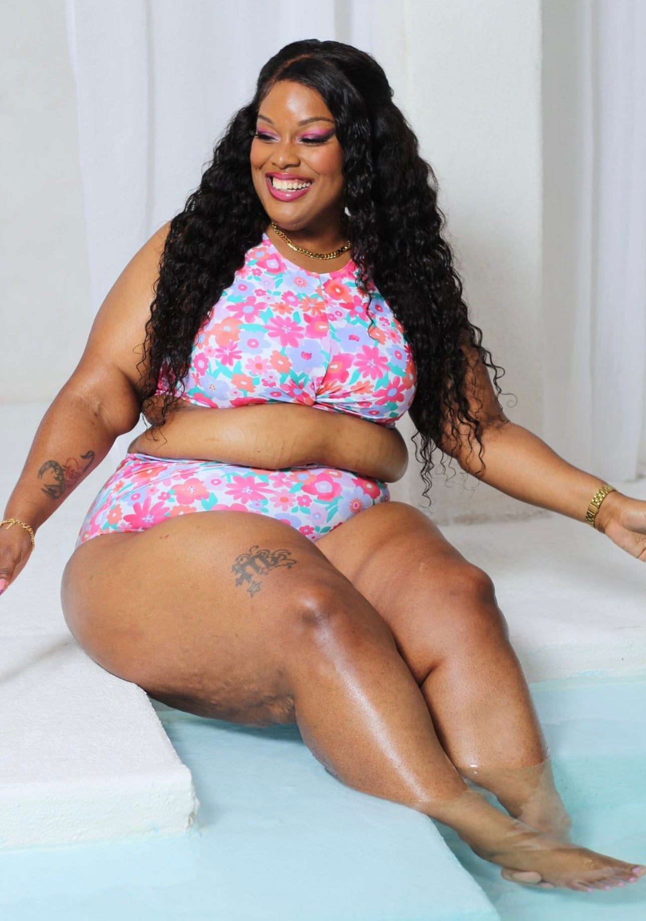 Rose Floral Print Twisted High Waist Bikini Set
