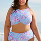 Sky Blue Floral Print Twisted High Waist Bikini Set