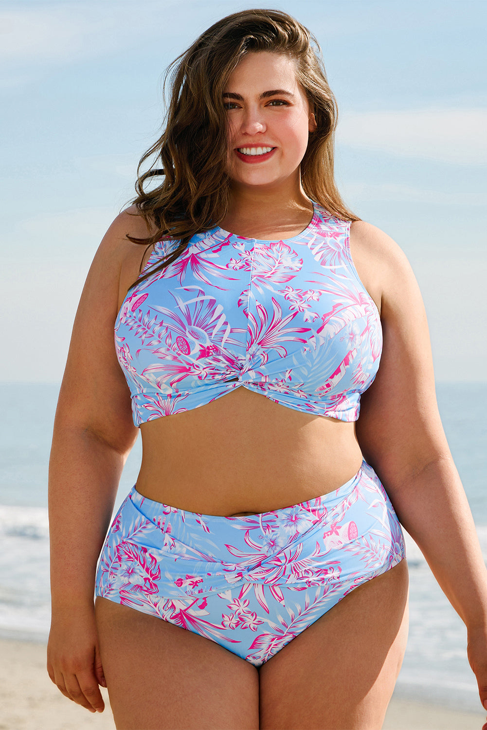 Sky Blue Floral Print Twisted High Waist Bikini Set