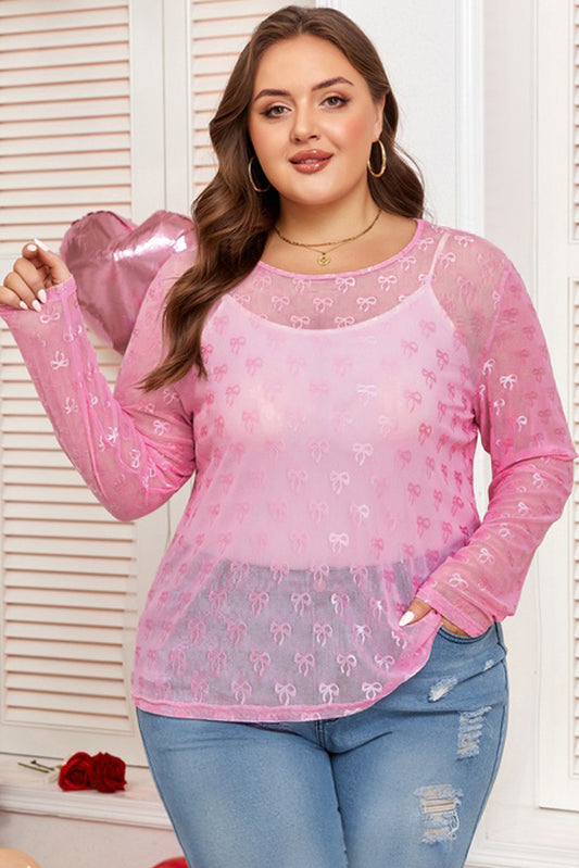 Pink Bow Embroidered Mesh Long Sleeve Top