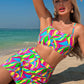 Multicolour Abstract Print Textured Spaghetti Strap High Waist Bikini Set