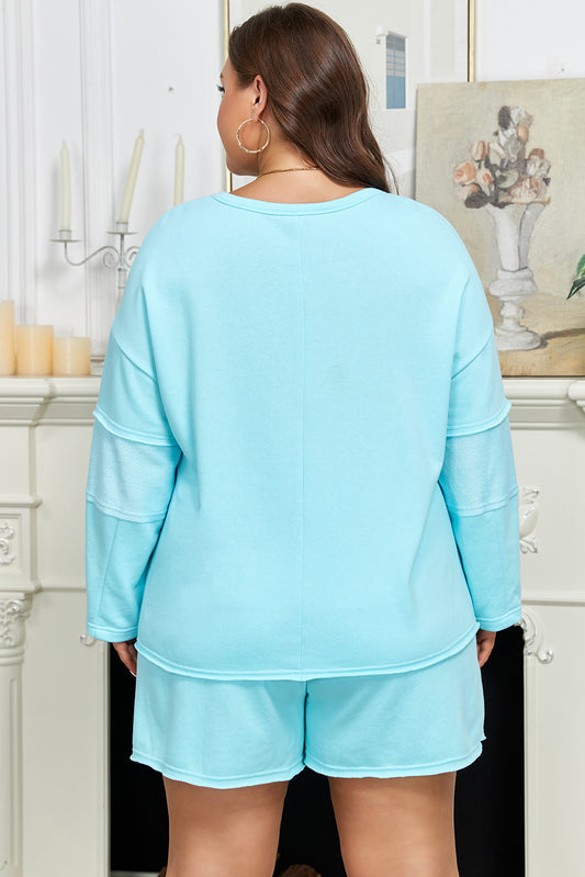 Aruba Blue Solid Color Splicing Raw Hem Pullover Top Shorts Set