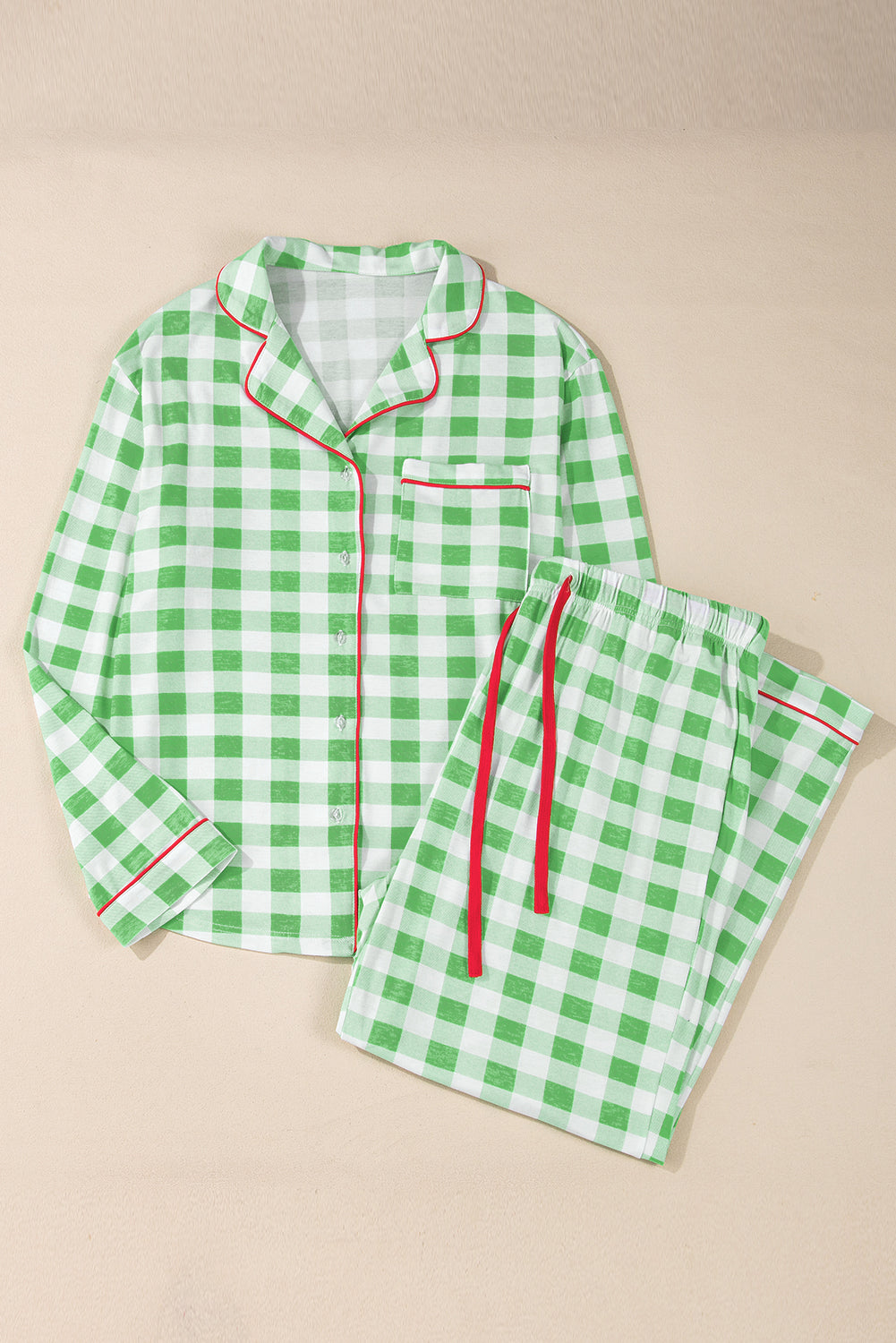 Green Plaid Print Contrast Trim Long Sleeve Pajama Set