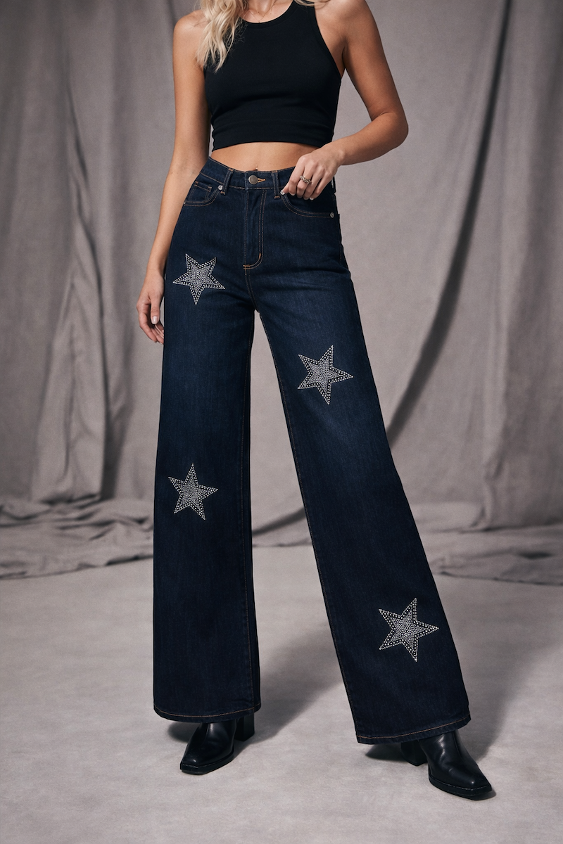 Star Rhinestones Wide Leg Jeans