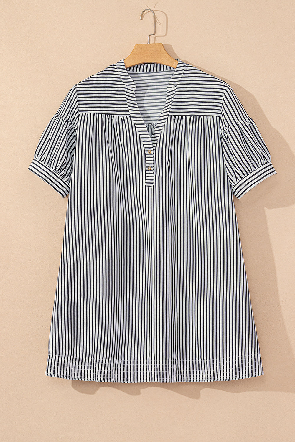 Stripe Short Sleeve Buttoned V Neck Pocketed Mini Dress