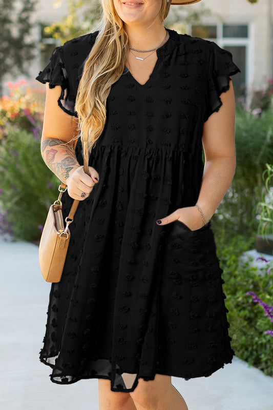 Black Dotty Textured Notched Neck Ruffled Dress