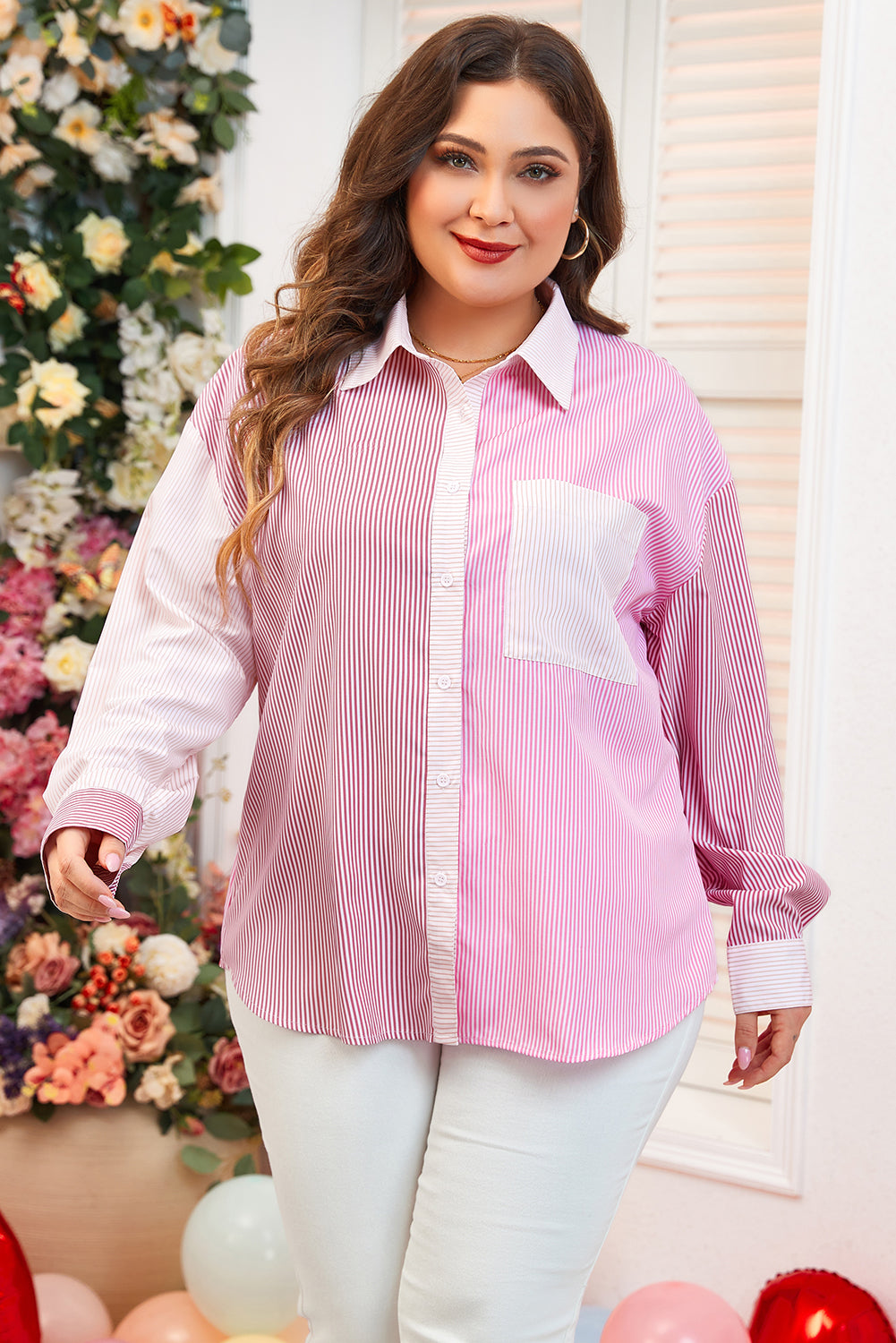 Pink Stripe Print Colorblock Shirt