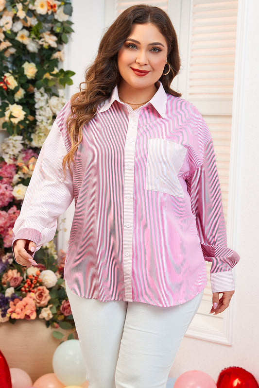 Pink Stripe Print Colorblock Shirt