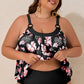 Black 2pcs Wide Strap Floral Top Tankini Set