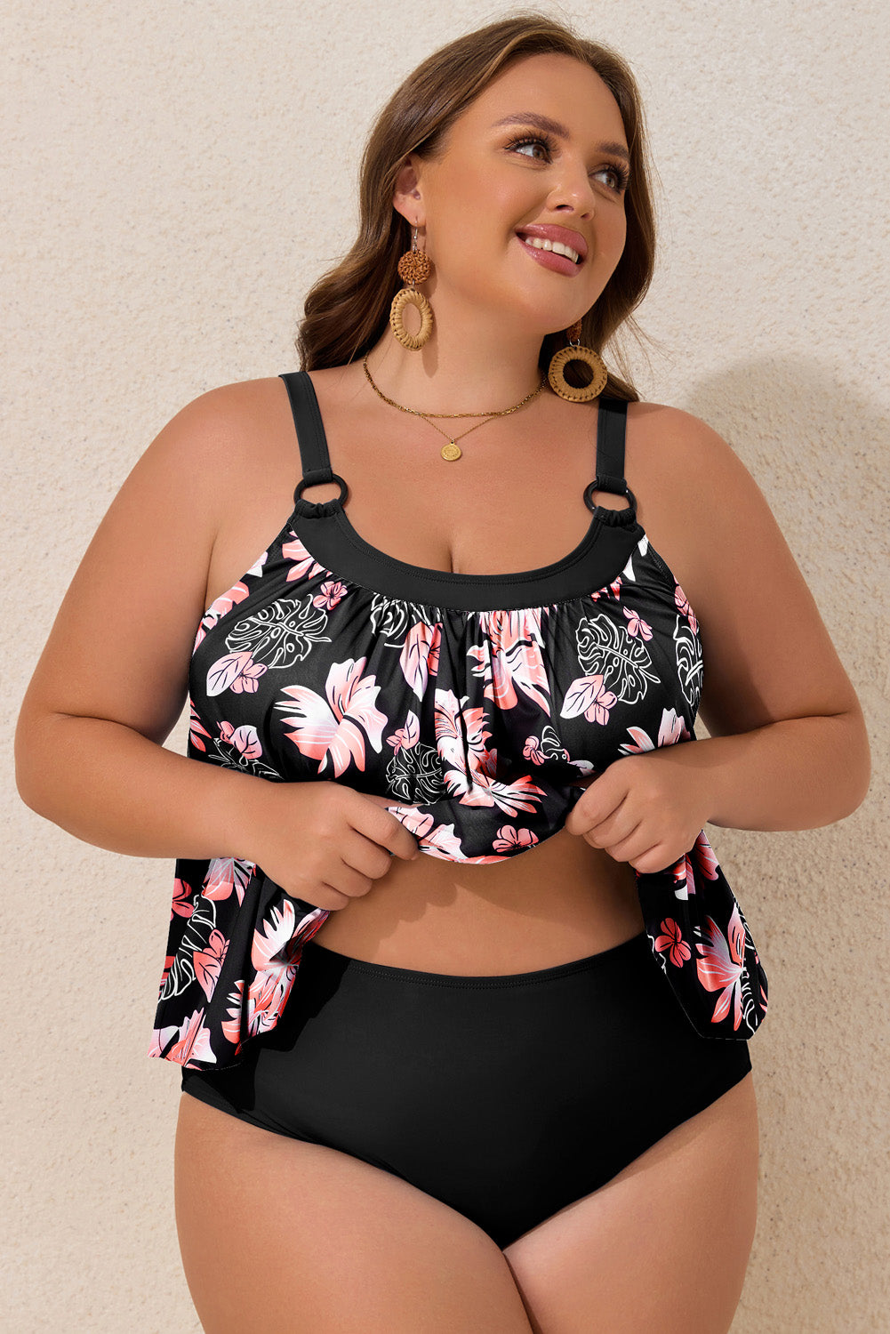 Black 2pcs Wide Strap Floral Top Tankini Set