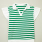 Green Stripe Collar V Neck Ruffle Short Sleeve Blouse