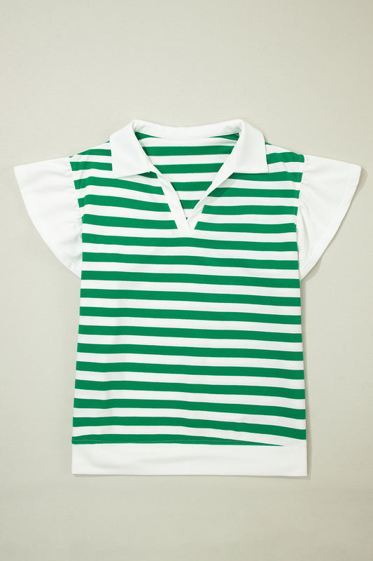 Green Stripe Collar V Neck Ruffle Short Sleeve Blouse
