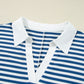 Blue Stripe Short Sleeve Collared V Neck Top Short Set