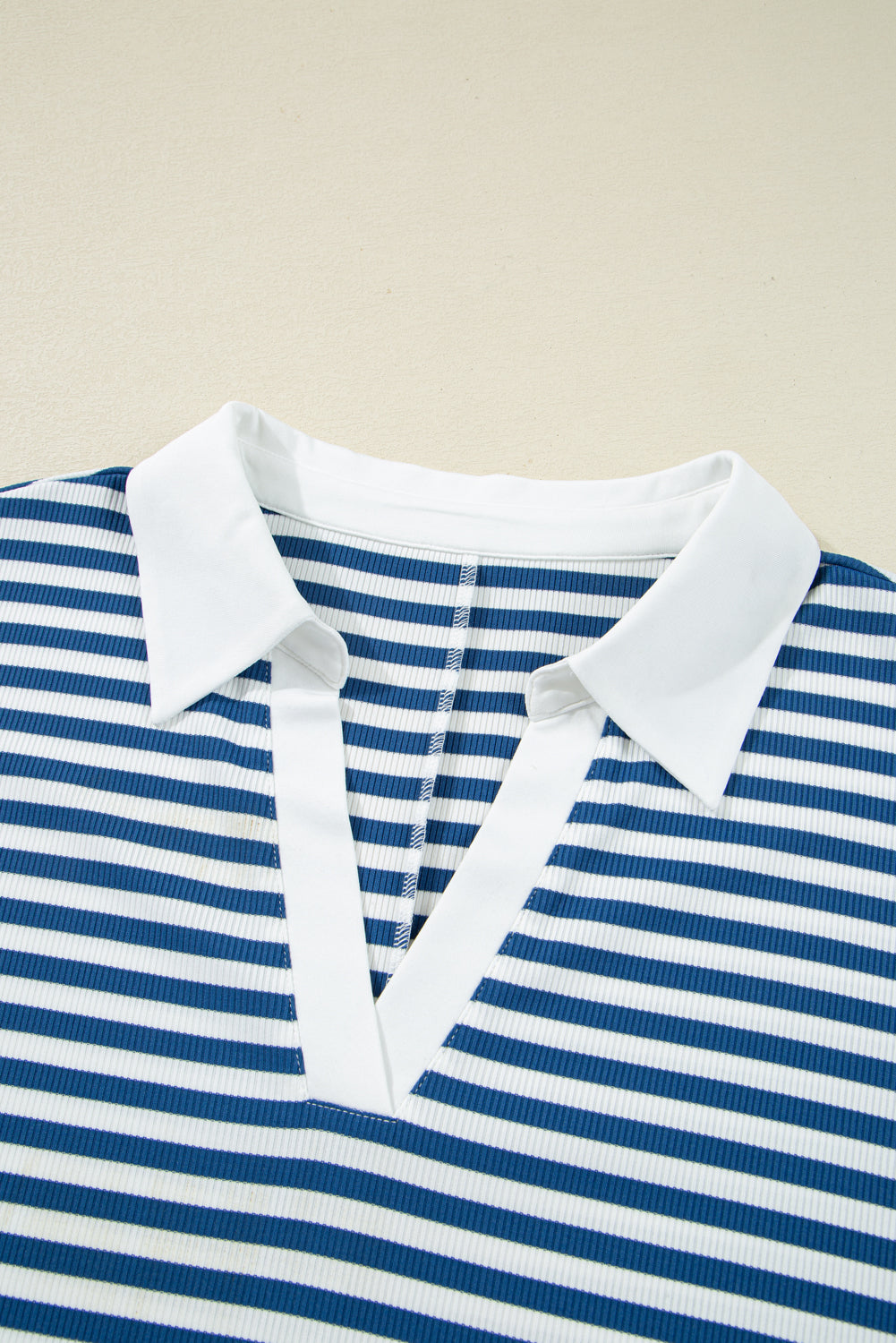 Blue Stripe Short Sleeve Collared V Neck Top Short Set