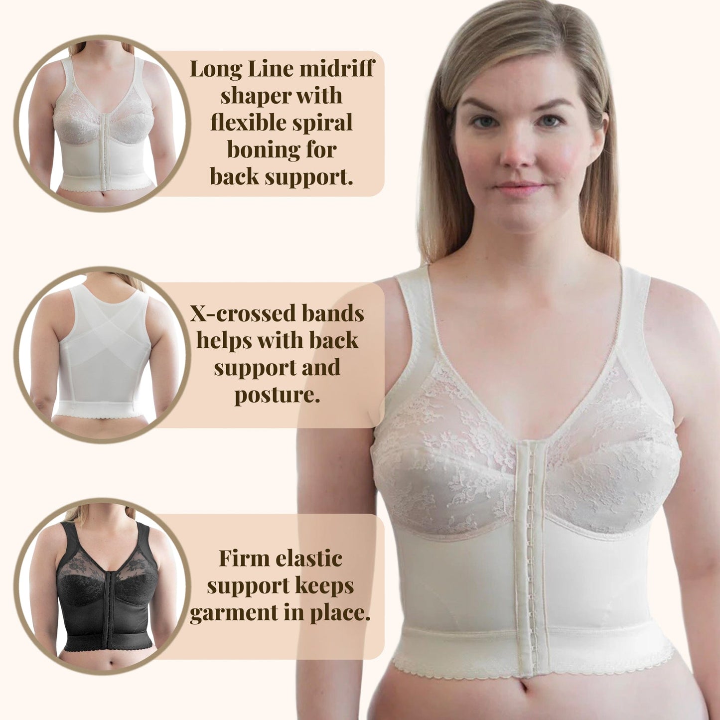 Front Closure Back Support Long Line Bra - Blush