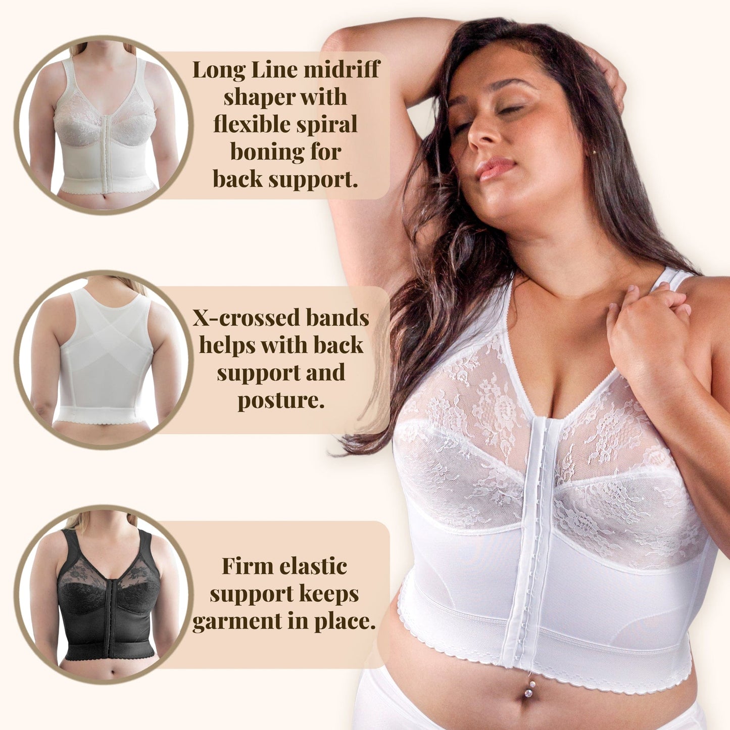 Front Closure Back Support Long Line Bra - White