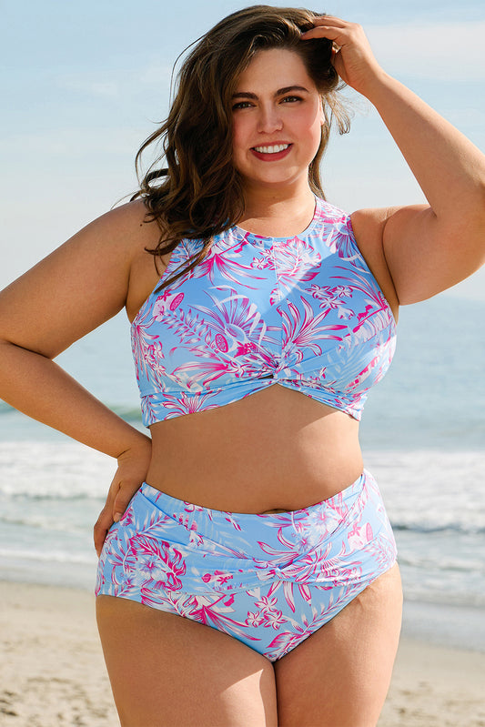 Sky Blue Floral Print Twisted High Waist Bikini Set