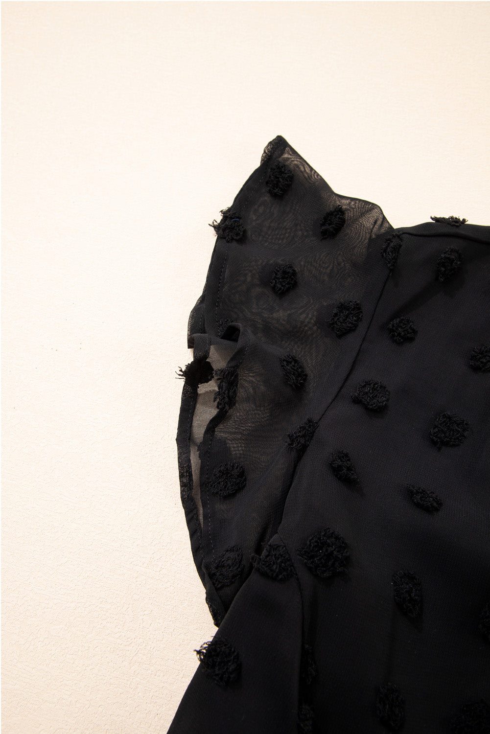 Black Dotty Textured Notched Neck Ruffled Dress