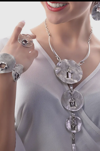 Round Silver Earring, Necklace, Ring, Bracelet Jewelry Set