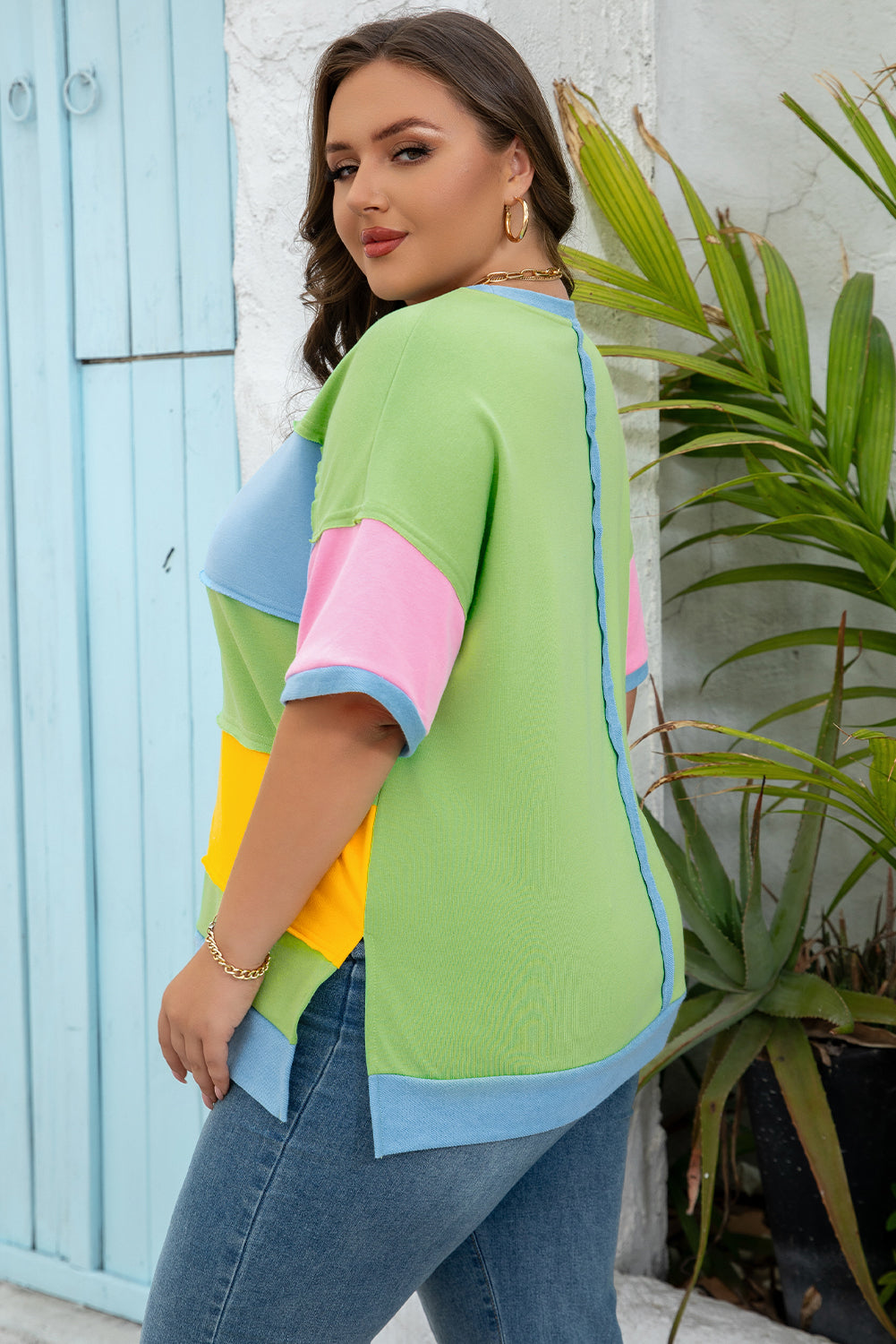 Light Blue Color Block Exposed Seam Patchwork T Shirt