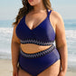 Navy Blue Embroidered Trim Wrap Tie Knot High Waisted Bikini