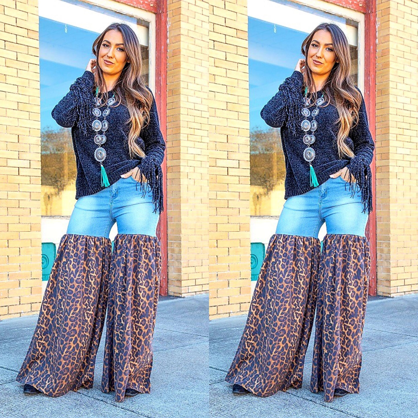 Distressed Light Denim Animal Print Palazzo Wide Leg Jeans
