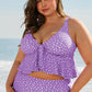 Purple Polka Dot Print Ruffled Knotted V Neck Tankini Set
