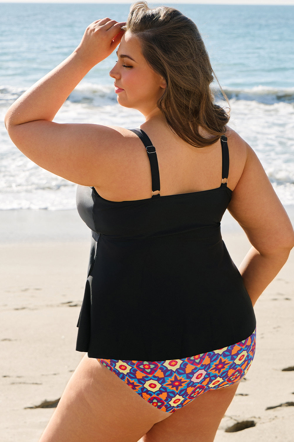 Black Drawstring Tied Front Flared Top Geometric Print Bottom Tankinis
