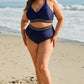 Navy Blue Embroidered Trim Wrap Tie Knot High Waisted Bikini