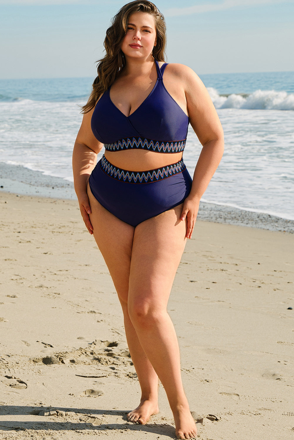 Navy Blue Embroidered Trim Wrap Tie Knot High Waisted Bikini