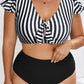Black Stripe Knot Cutout Ruffle Sleeve and High Waisted 2pcs Swimsuit
