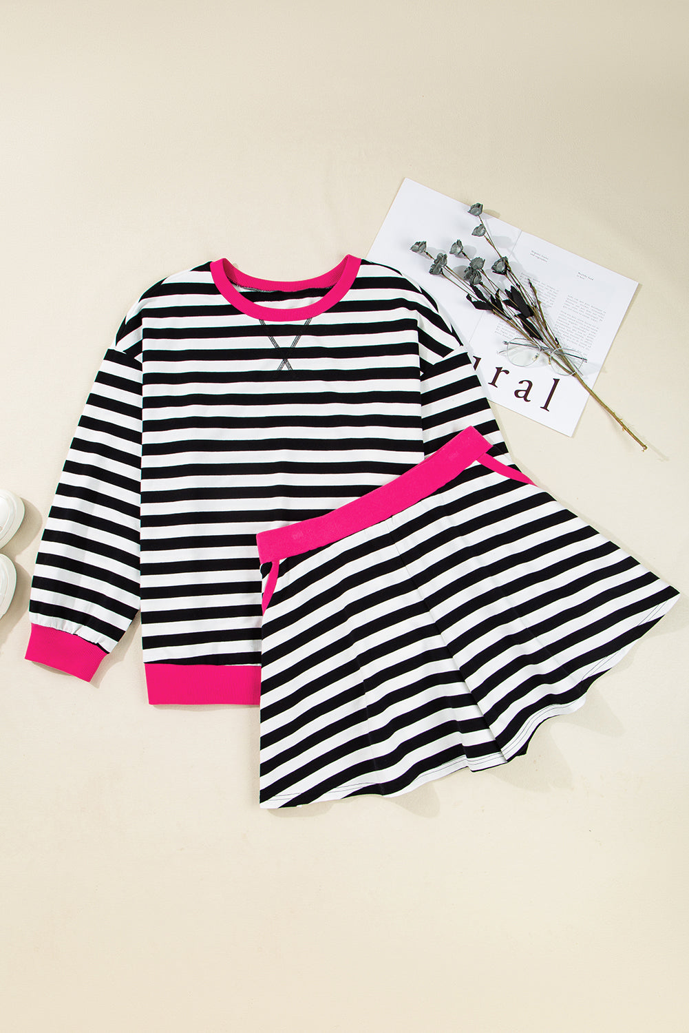 Black Stripe Color Block Edge Pullover and Shorts Set