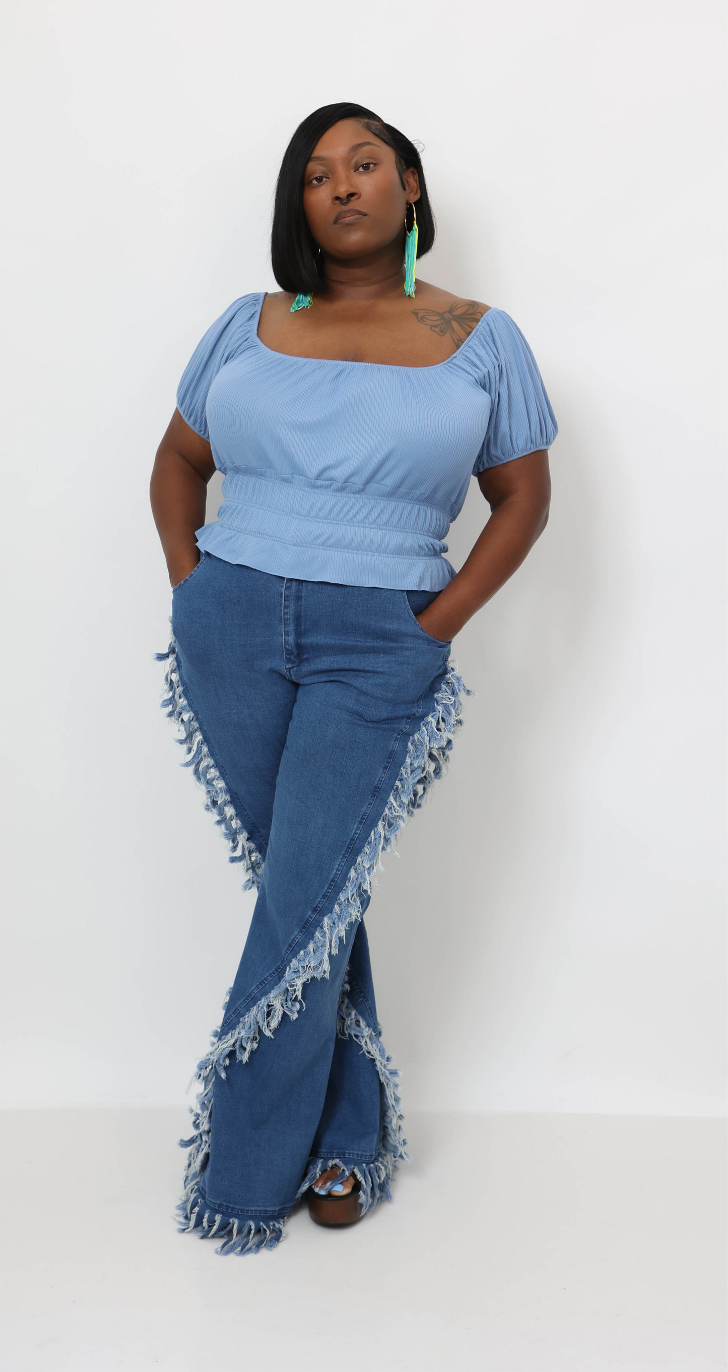 Distressed Fringe Denim Flared Pant
