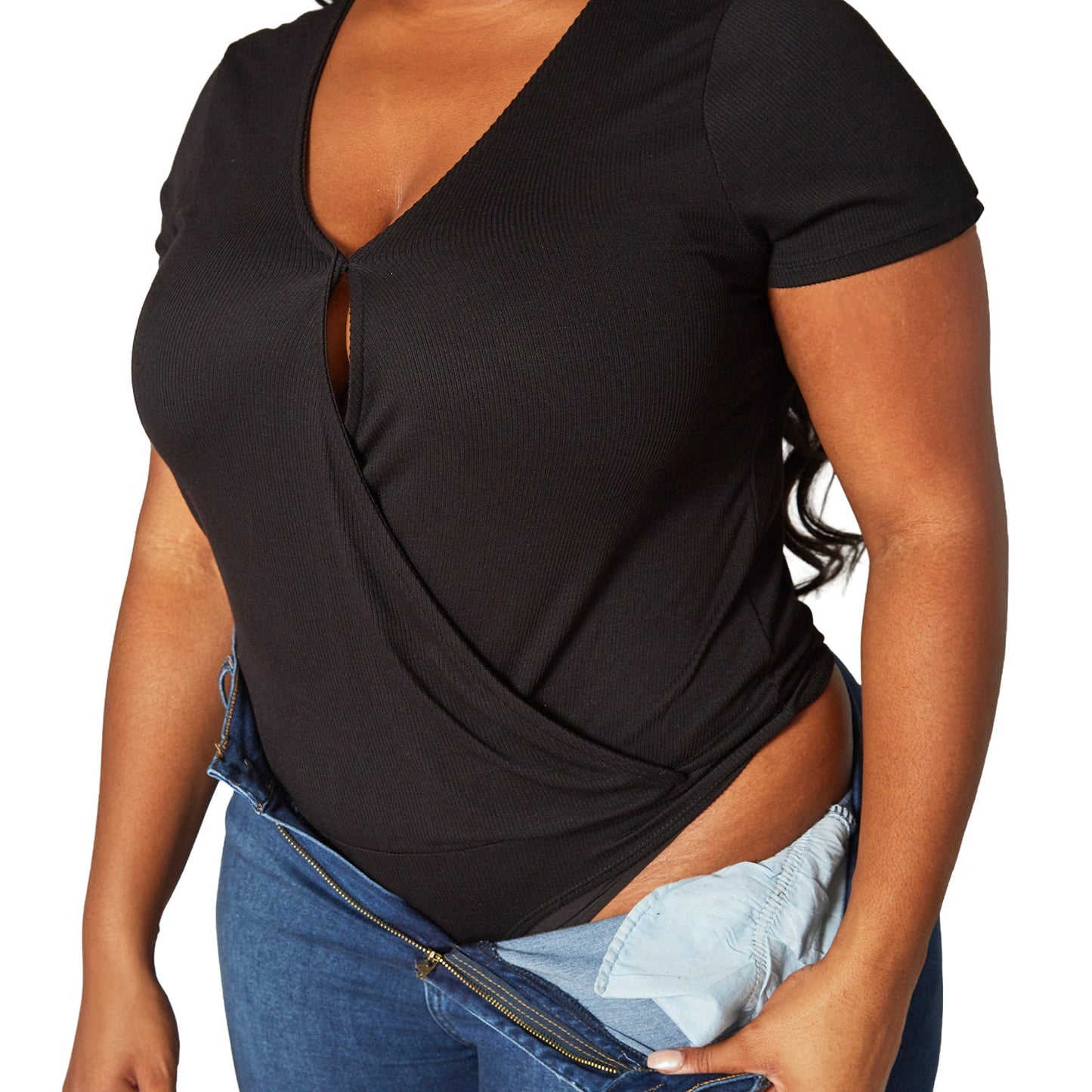 Plus Size Women's Ribbed V Neck Short Sleeve Bodysuit - shopatkonus