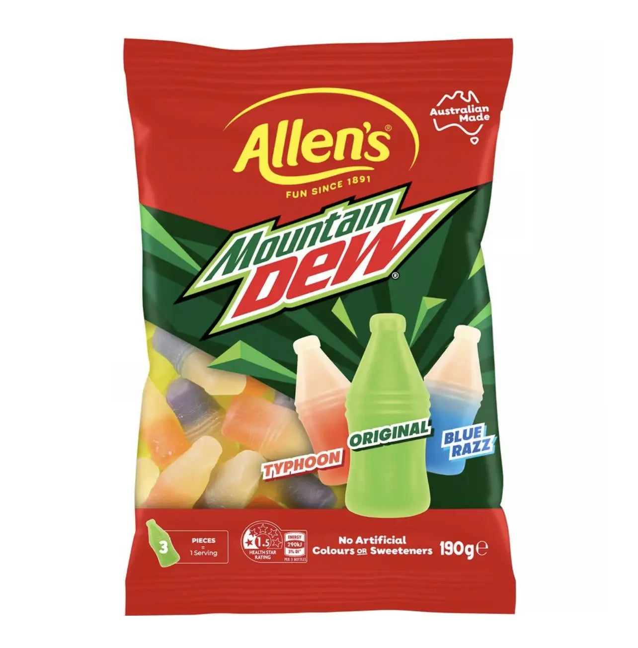 Allen’s Mountain Dew Lollies – Assorted Candy Jellies (Australia)