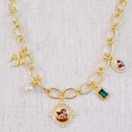 Angel & Rose Charm Necklace – Bold Gold Chain with Whimsical Vintage-Inspired Accents