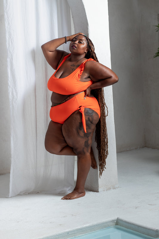 Orange Ruffled Trim Knotted High Waist Bikini Set
