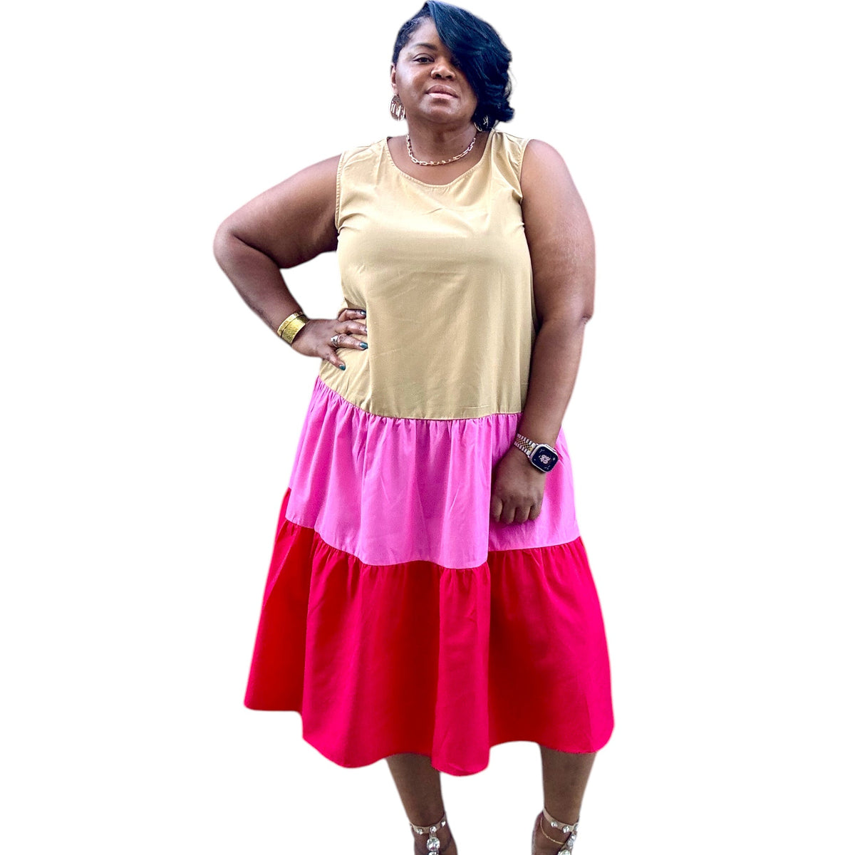 Tan Color Block Midi Tank Dress