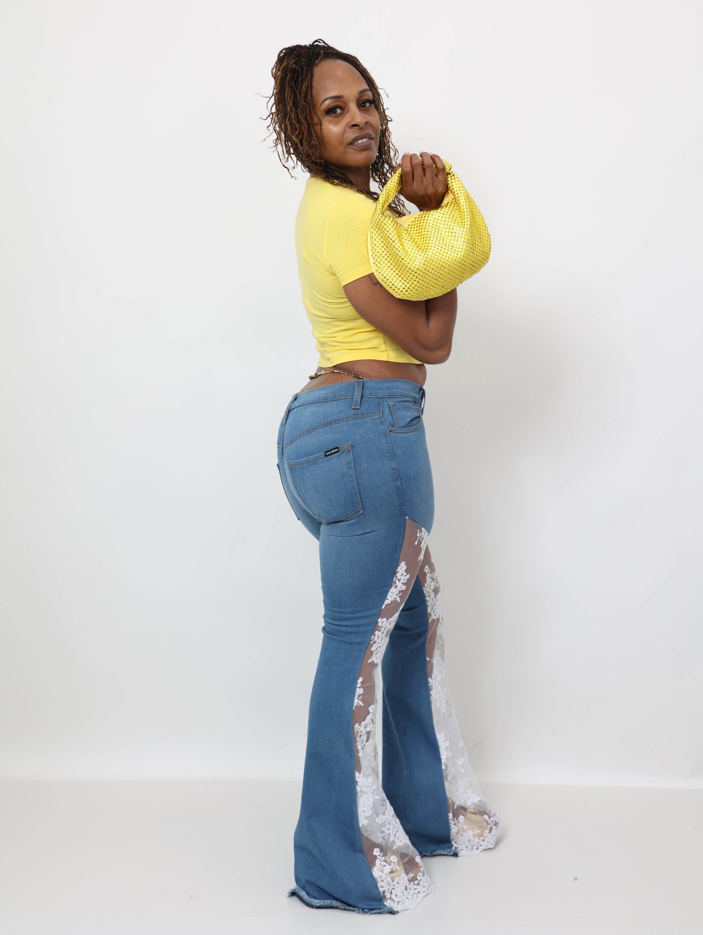 Lace Bell Bottom Jean in Medium Wash