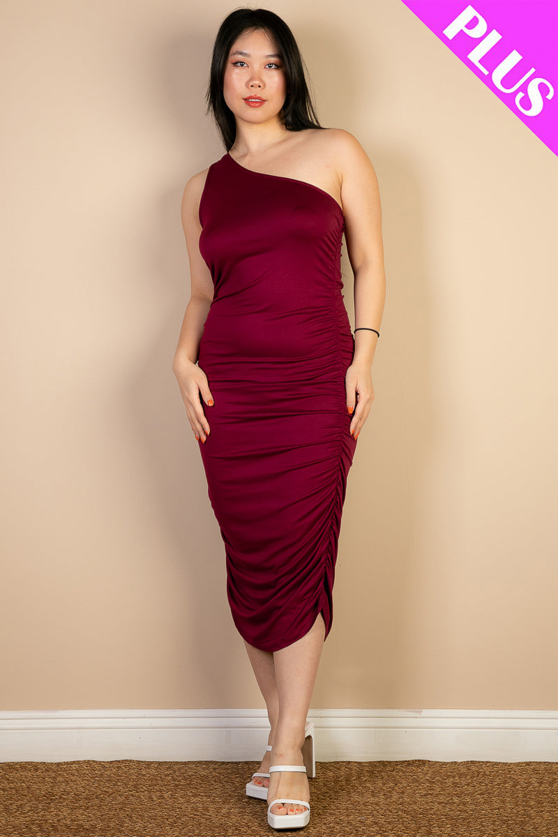 Solid Color Ruched One Shoulder Midi Bodycon Dress