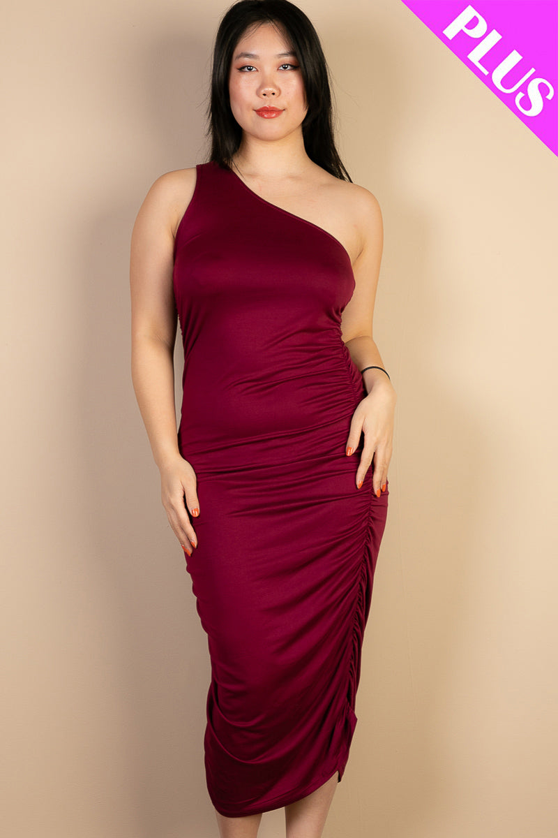 Solid Color Ruched One Shoulder Midi Bodycon Dress