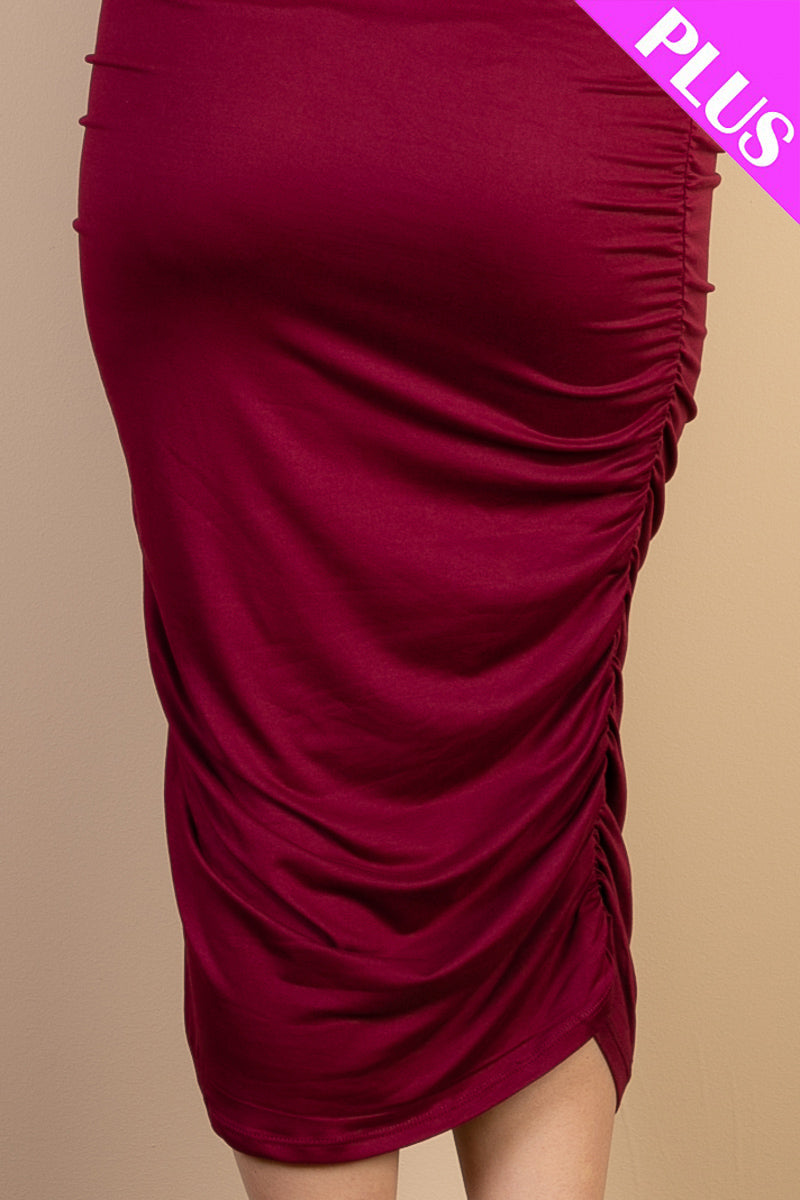 Solid Color Ruched One Shoulder Midi Bodycon Dress