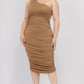 Solid Color Ruched One Shoulder Midi Bodycon Dress