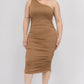 Solid Color Ruched One Shoulder Midi Bodycon Dress