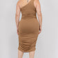 Solid Color Ruched One Shoulder Midi Bodycon Dress