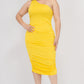 Solid Color Ruched One Shoulder Midi Bodycon Dress
